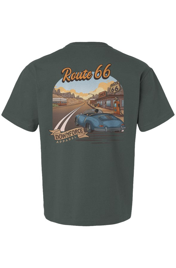 Vintage Route 66 sunset cruise graphic tee featuring a blue convertible driving past a classic diner and gas station.