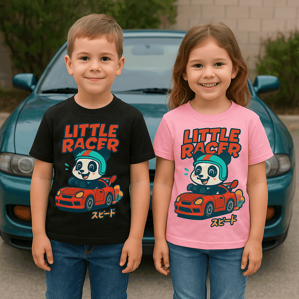 Two kids wearing Little Racer Fox Tee shirts with cartoon fox driving a red sports car and Japanese text, standing in front of a blue car.