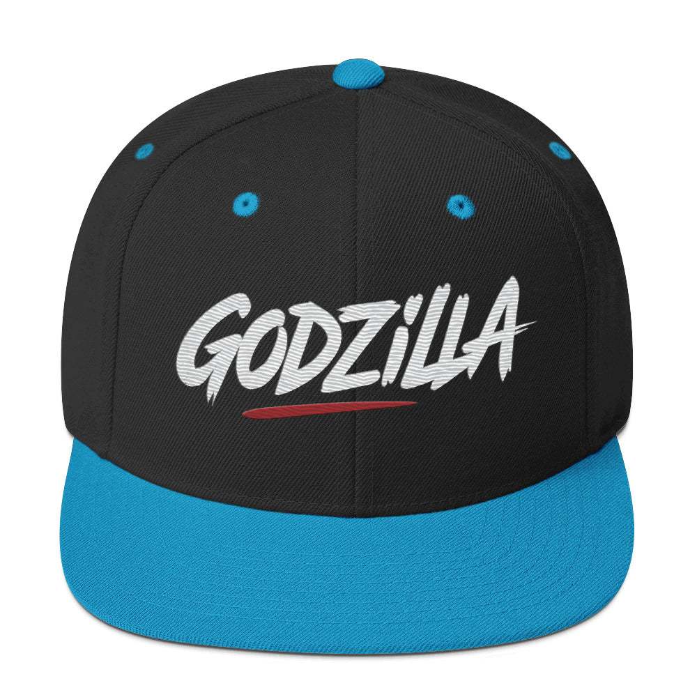 Godzilla Flat Brim Hat black and blue with bold Godzilla lettering and snapback closure