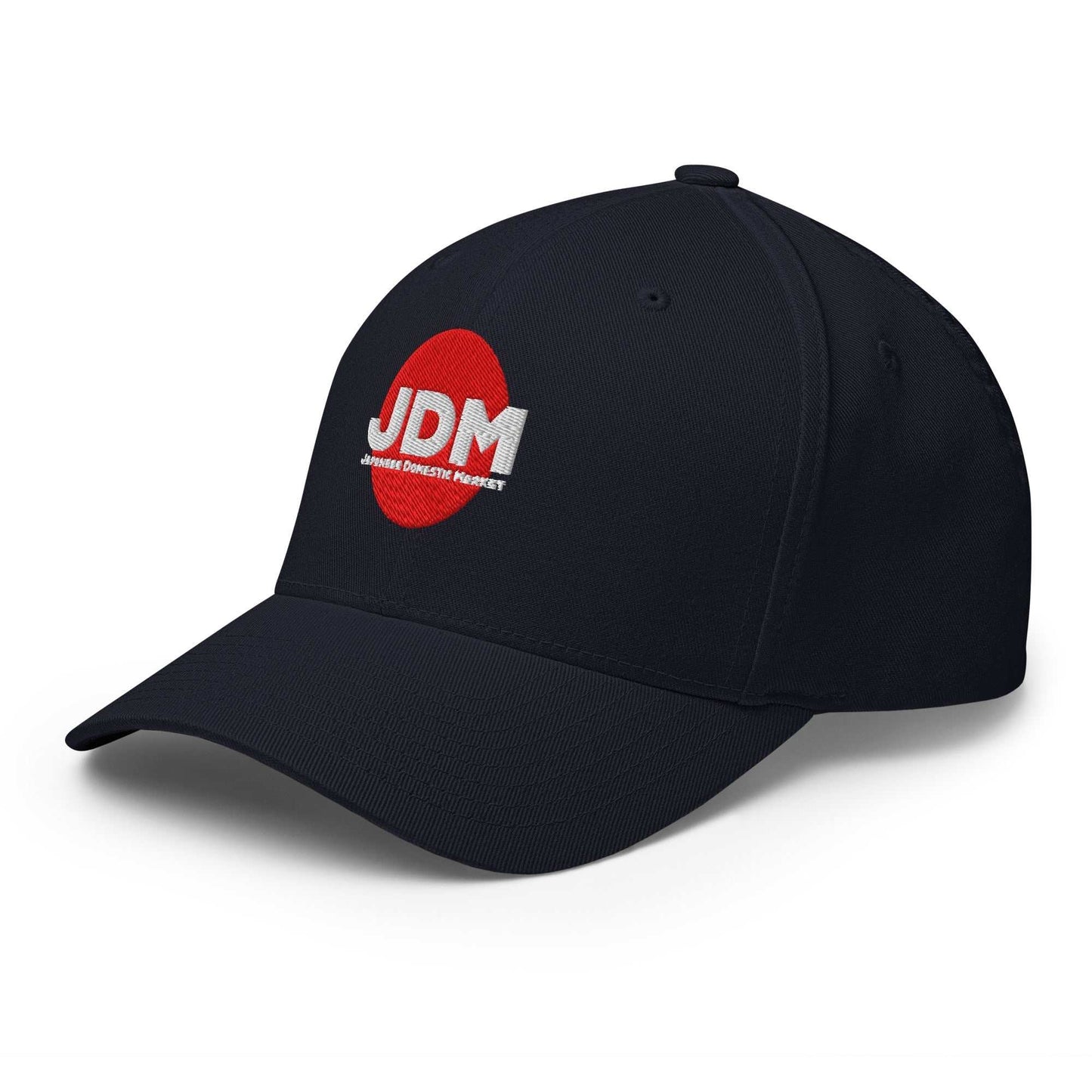 Black Downforce Apparel Flexfit cap with red and white JDM embroidered logo and curved visor