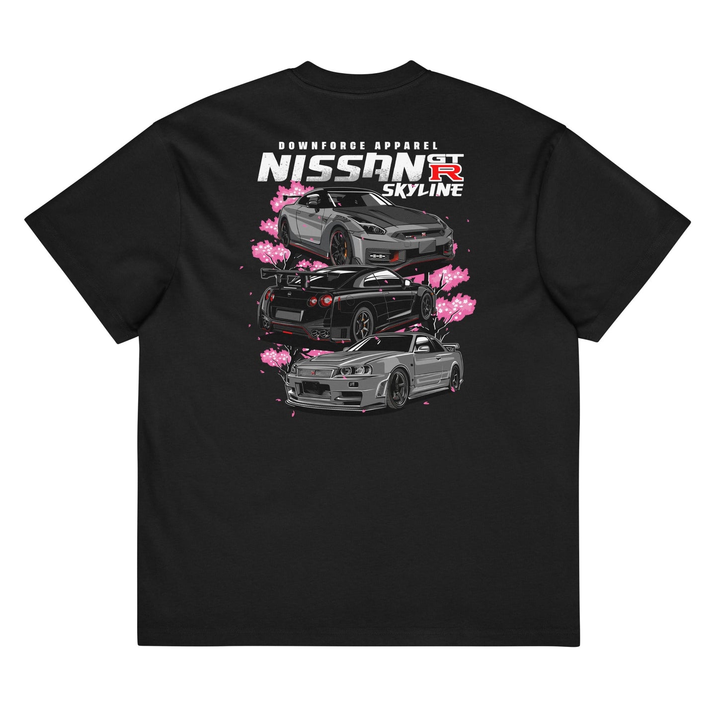 Black Skyline Legends Sakura GT-R Tee featuring three Nissan GT-R cars with cherry blossom design in JDM streetwear style