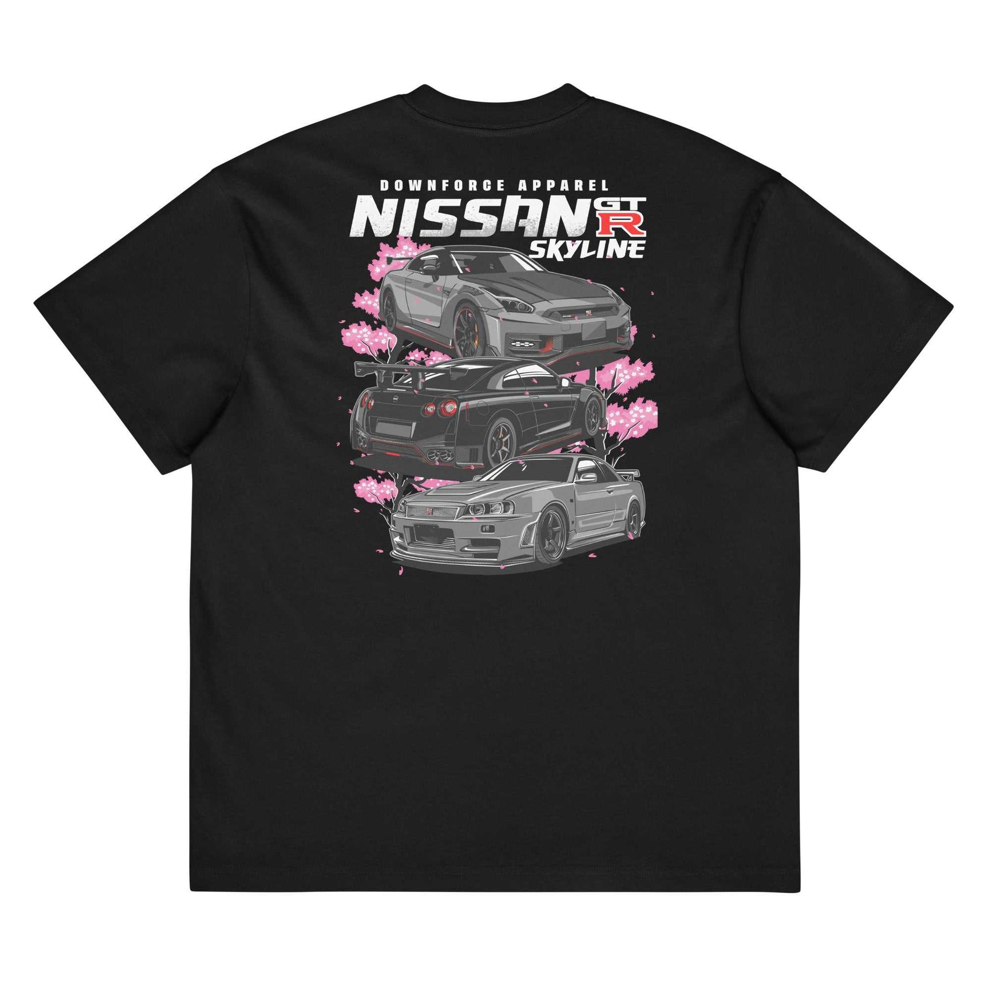 Black oversized Skyline Legends Sakura GT-R Tee with three Nissan GT-R cars and cherry blossom design on back, streetwear style