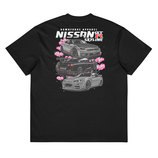 Black oversized Skyline Legends Sakura GT-R Tee with three Nissan GT-R cars and cherry blossom design on back, streetwear style