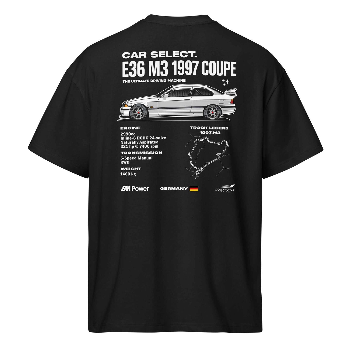 Black E36 M3 Nürburgring Spec Tee with car illustration, engine stats, and track outline on back