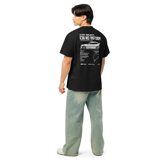 Man wearing black E36 M3 Nürburgring Spec Tee with car specs and Nürburgring map on back