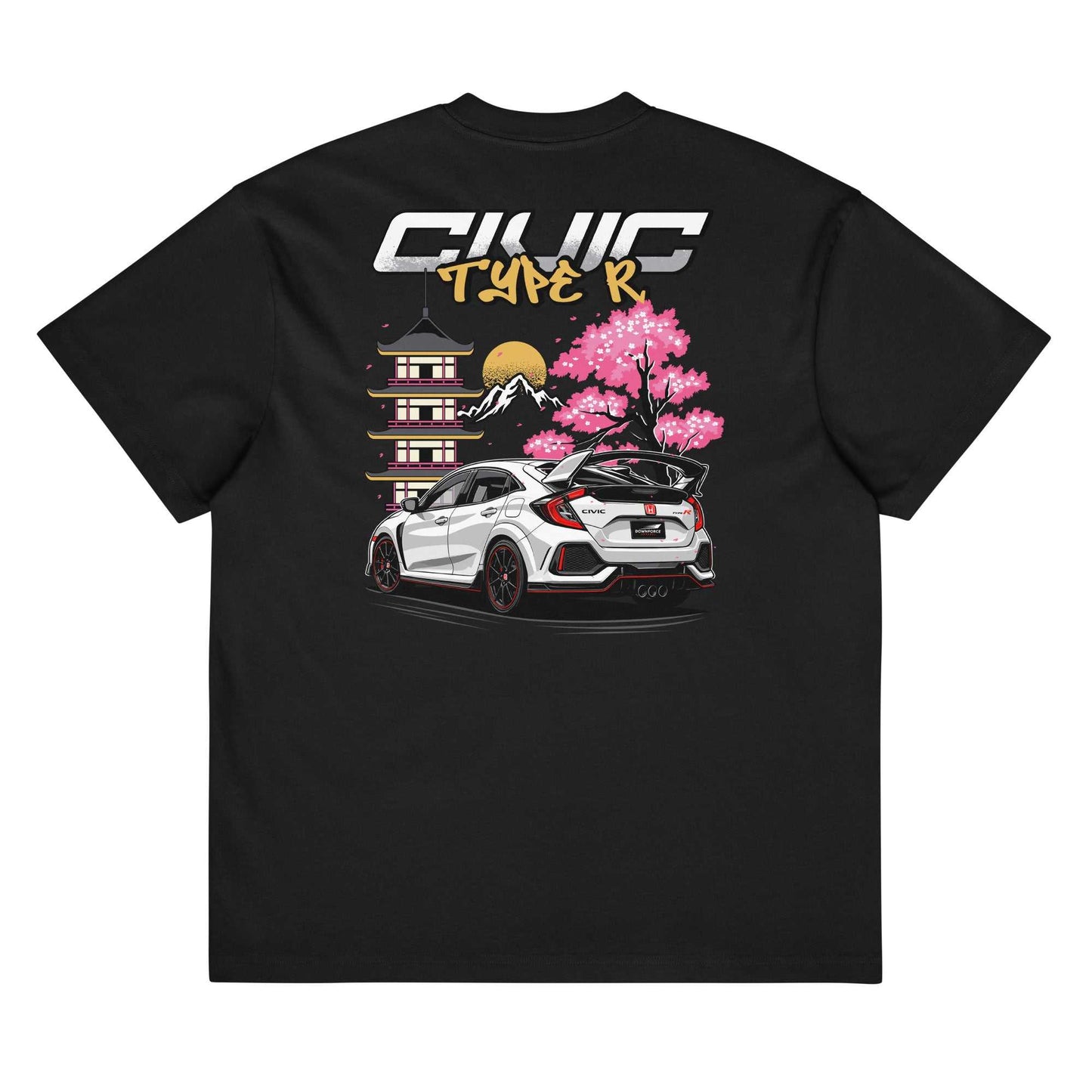 Black tee with white Civic Type R car illustration and Japanese cherry blossom design