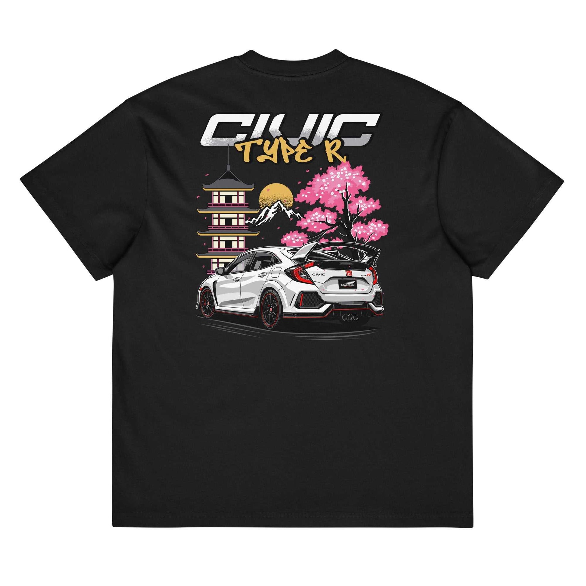 Black tee with white Civic Type R car illustration and Japanese cherry blossom design