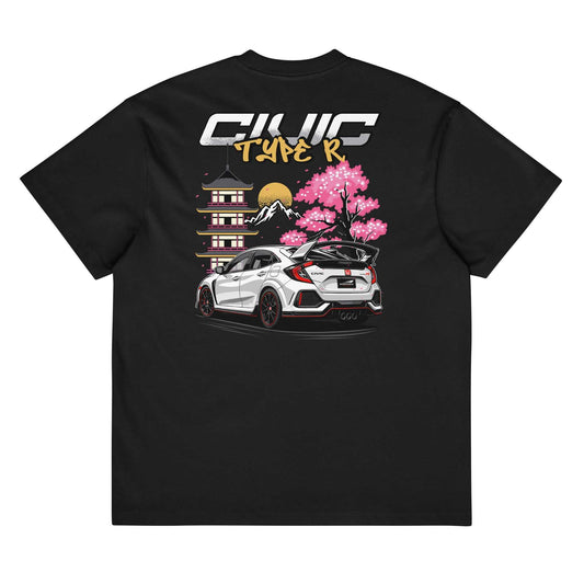 Black tee with white Civic Type R car illustration and Japanese cherry blossom design