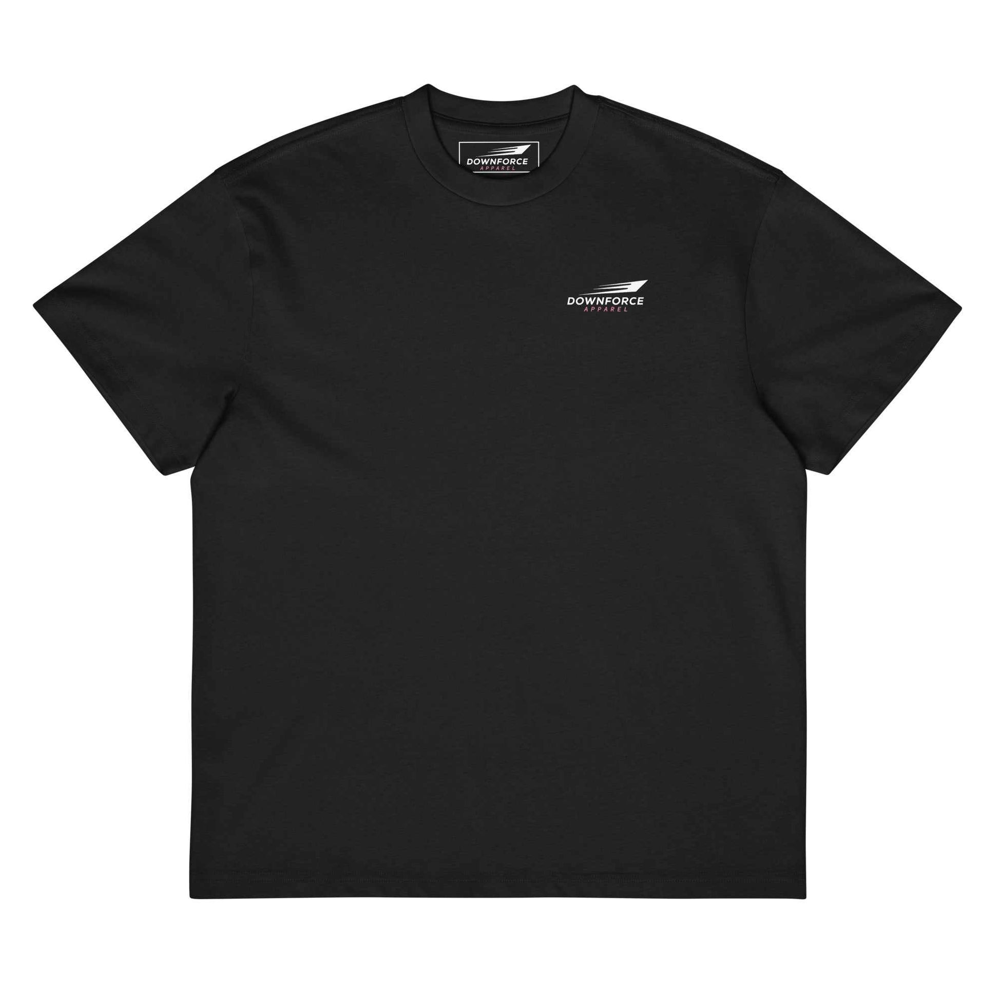 Black Supra Legends Series tee with small Downforce logo on chest, heavyweight cotton, oversized relaxed fit, drop shoulder sleeves, ribbed collar.