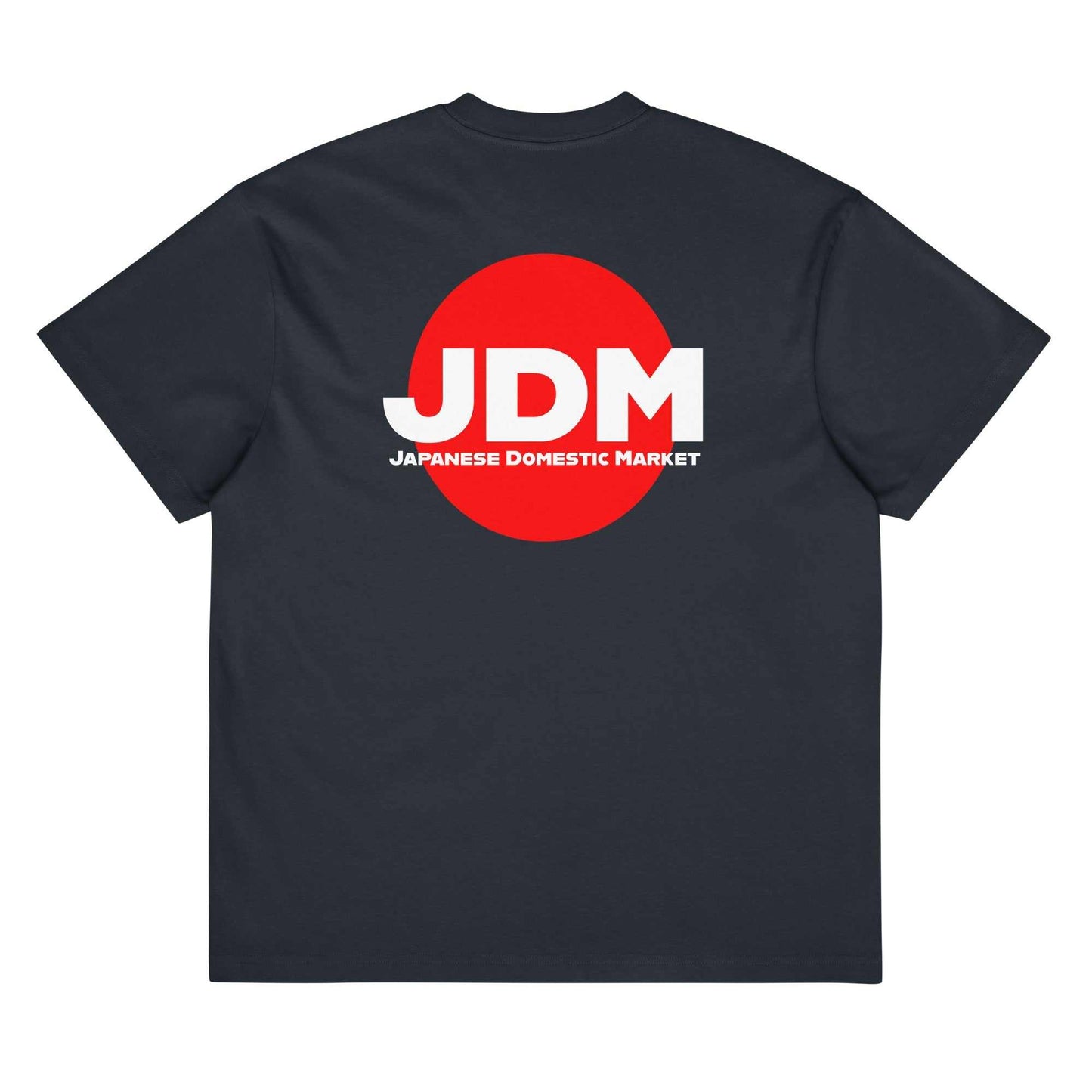 Black JDM box tee with bold white logo over a red sun circle representing Japanese Domestic Market on the back, oversized relaxed fit with drop shoulder sleeves and ribbed reinforced neckline.