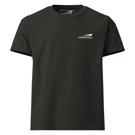 Unisex oversized washed black t-shirt with small graphic logo on chest