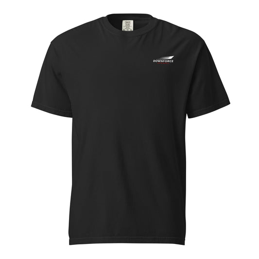 Unisex black heavyweight t-shirt with small white Downforce logo on left chest