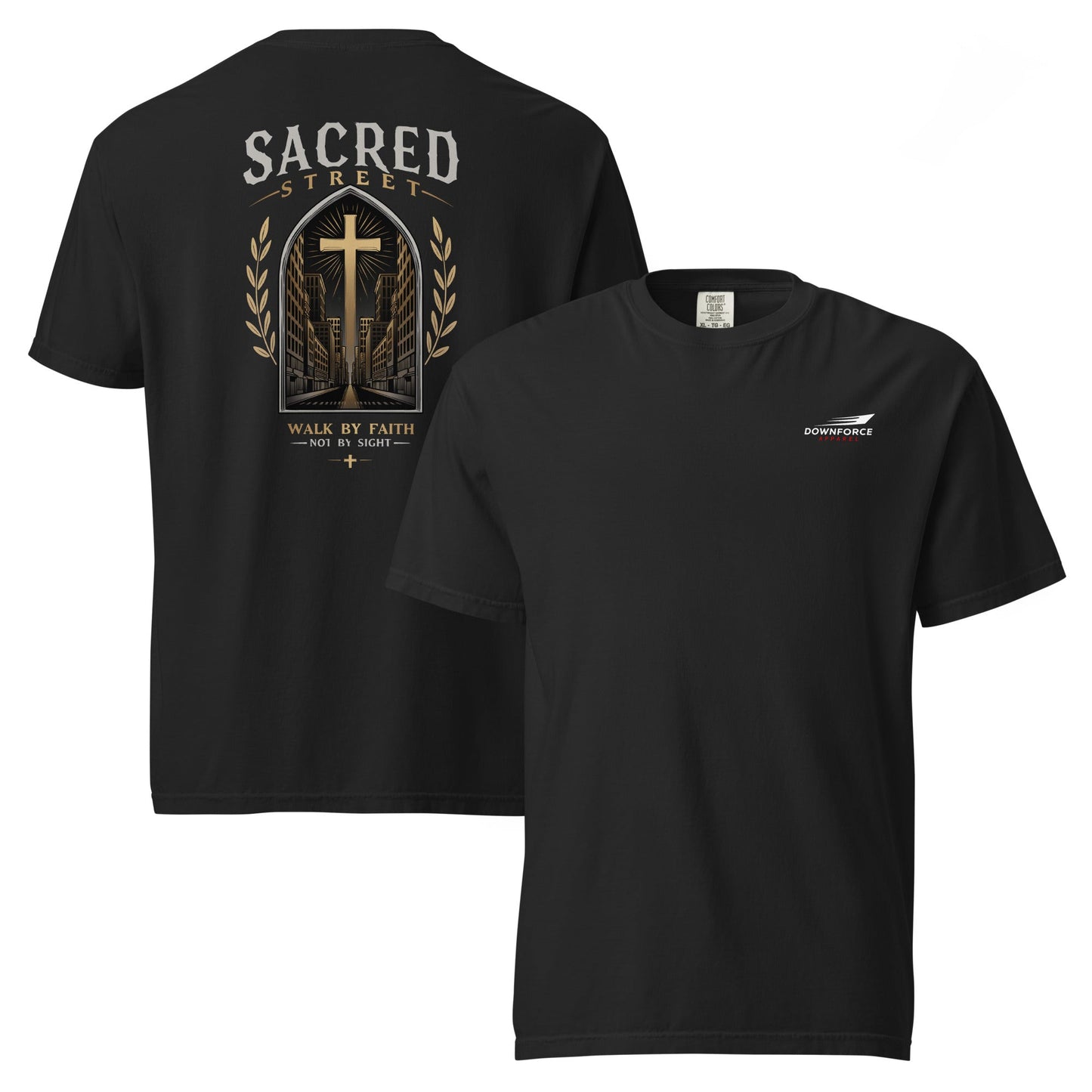 Black heavyweight unisex t-shirt with Sacred Street cross and city design on the back, Downforce logo on front