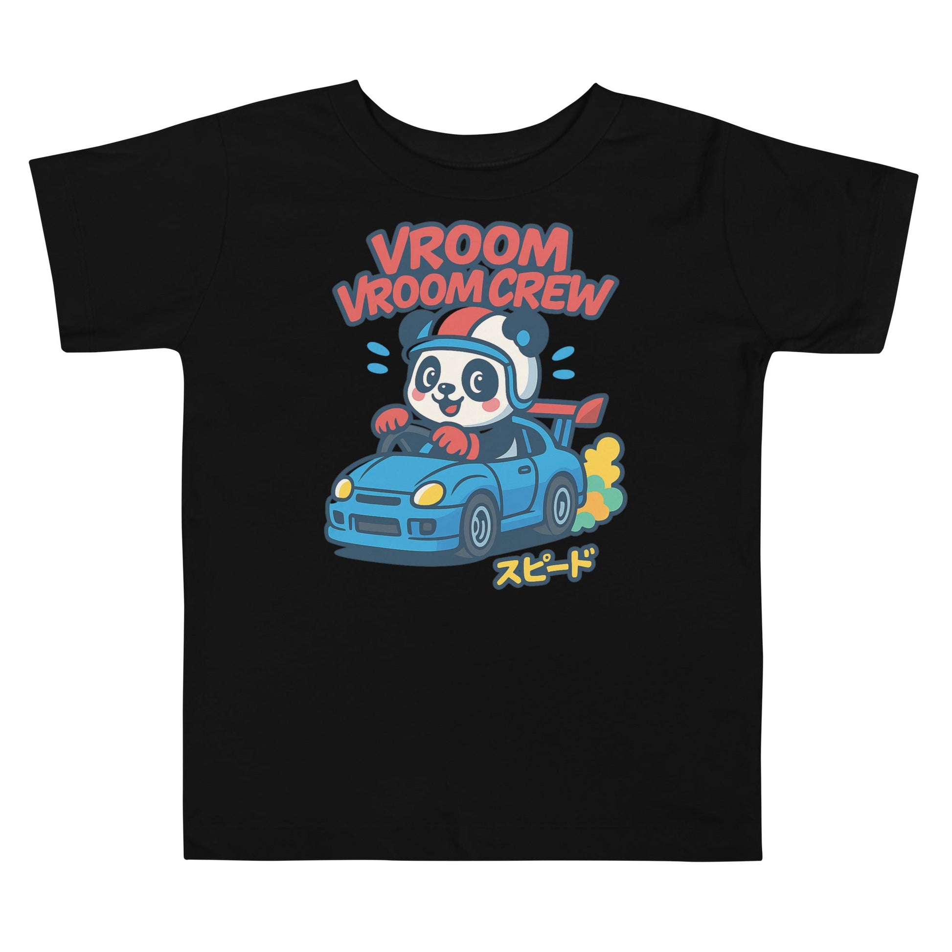 Kids black Turbo Panda Racing Tee with panda driving blue car graphic and "Vroom Vroom Crew" text