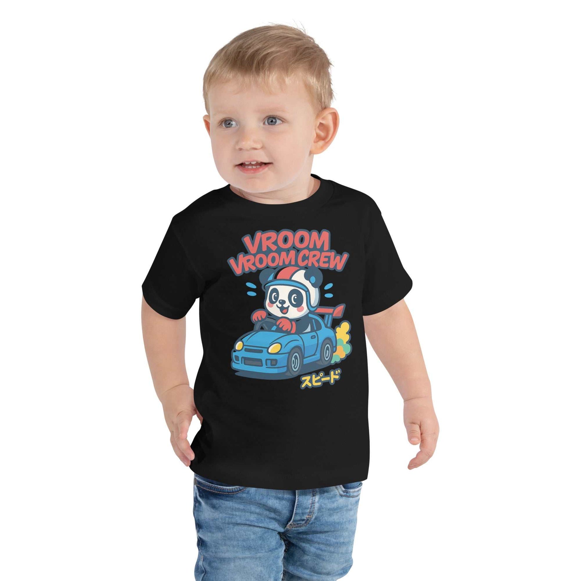 Toddler wearing black Turbo Panda Racing Tee with blue cartoon sports car and panda driver graphic, "Vroom Vroom Crew" text, and Japanese katakana "speed" design.