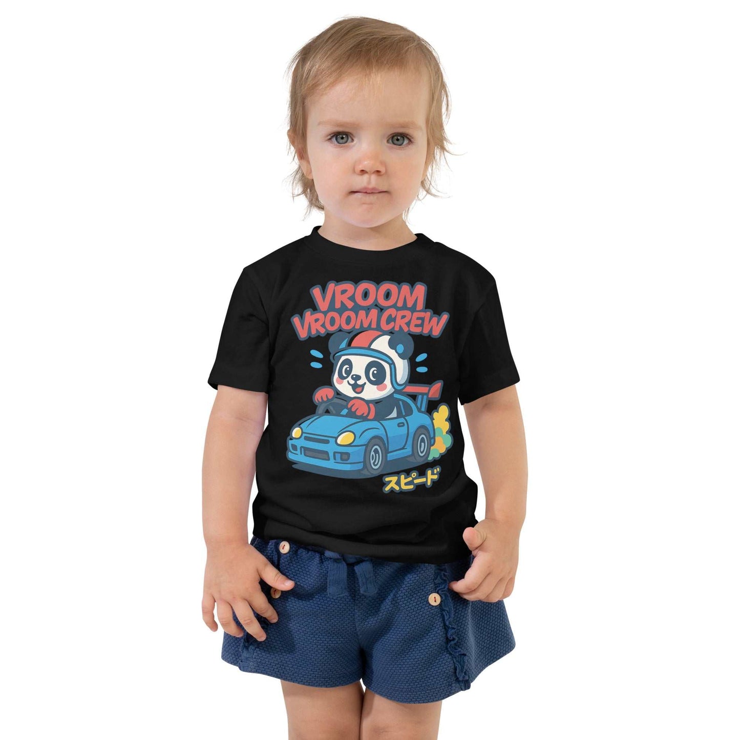 Toddler wearing black Turbo Panda Racing Tee with blue car and cartoon panda design