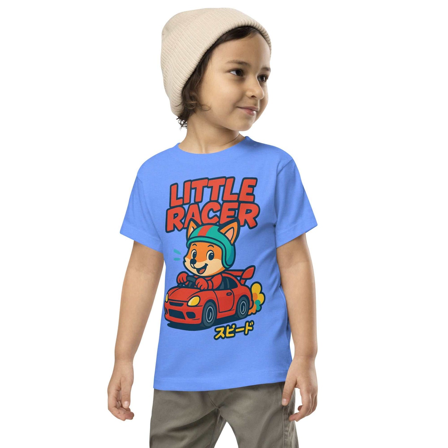 Toddler wearing blue Little Racer Fox Tee with cartoon fox and red sports car design, soft cotton JDM streetwear