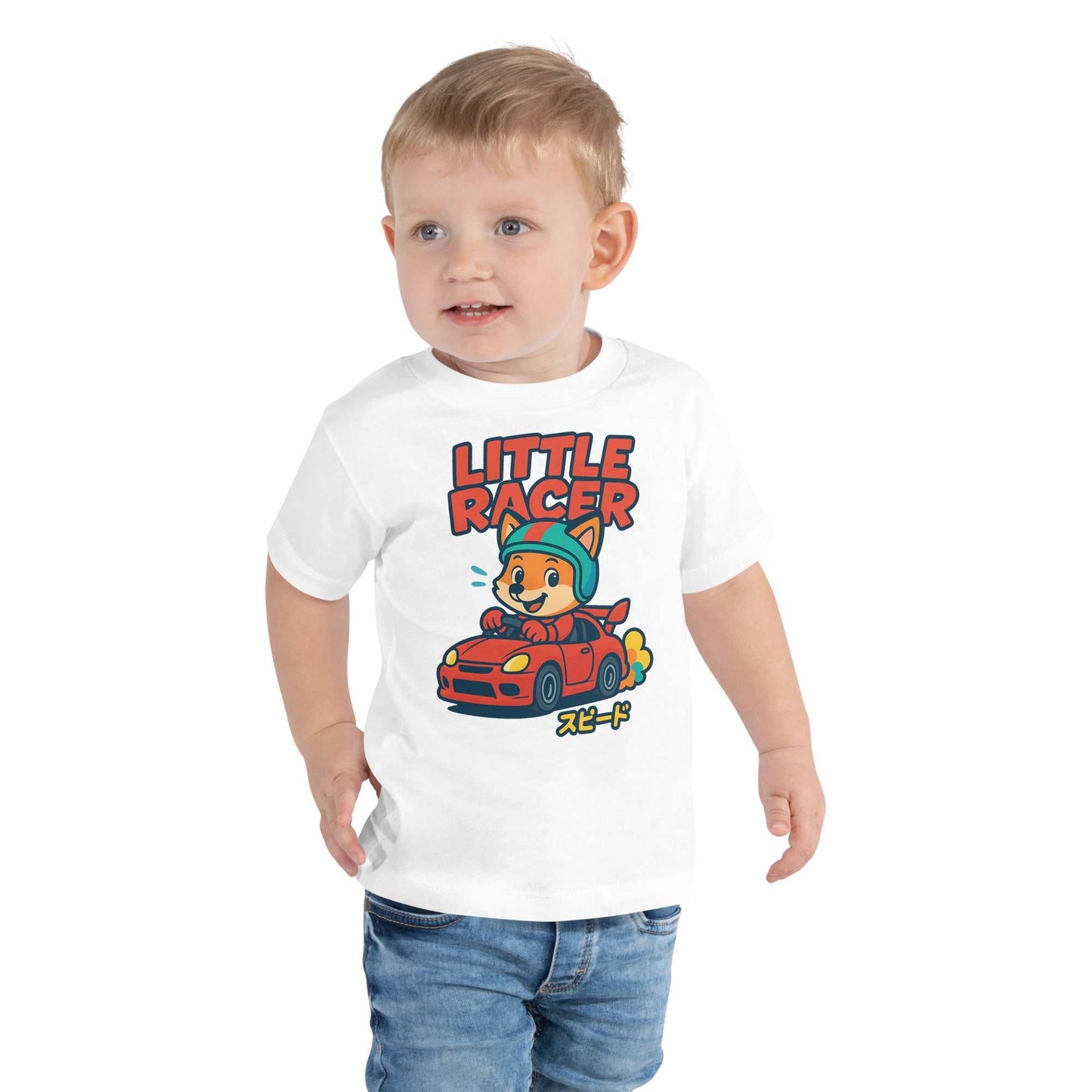 Toddler wearing white Little Racer Fox Tee with red sports car and fox graphic, JDM streetwear style