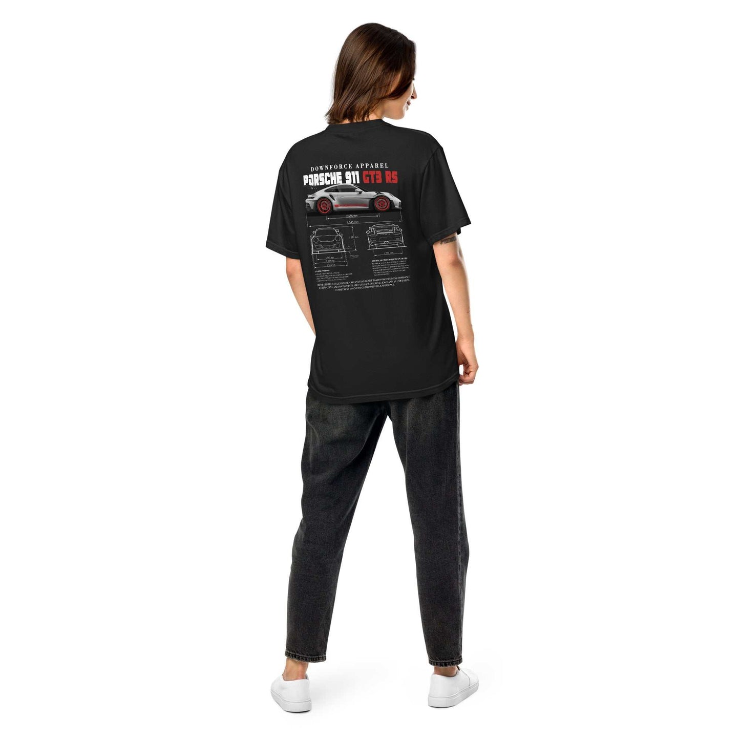 Person wearing a black Weissach Warrior GT3 RS Tee featuring Porsche 911 GT3 RS blueprint design on the back