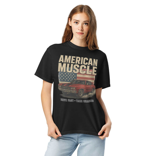 Woman wearing black Heritage Muscle SS Tee with vintage American muscle car and flag graphic