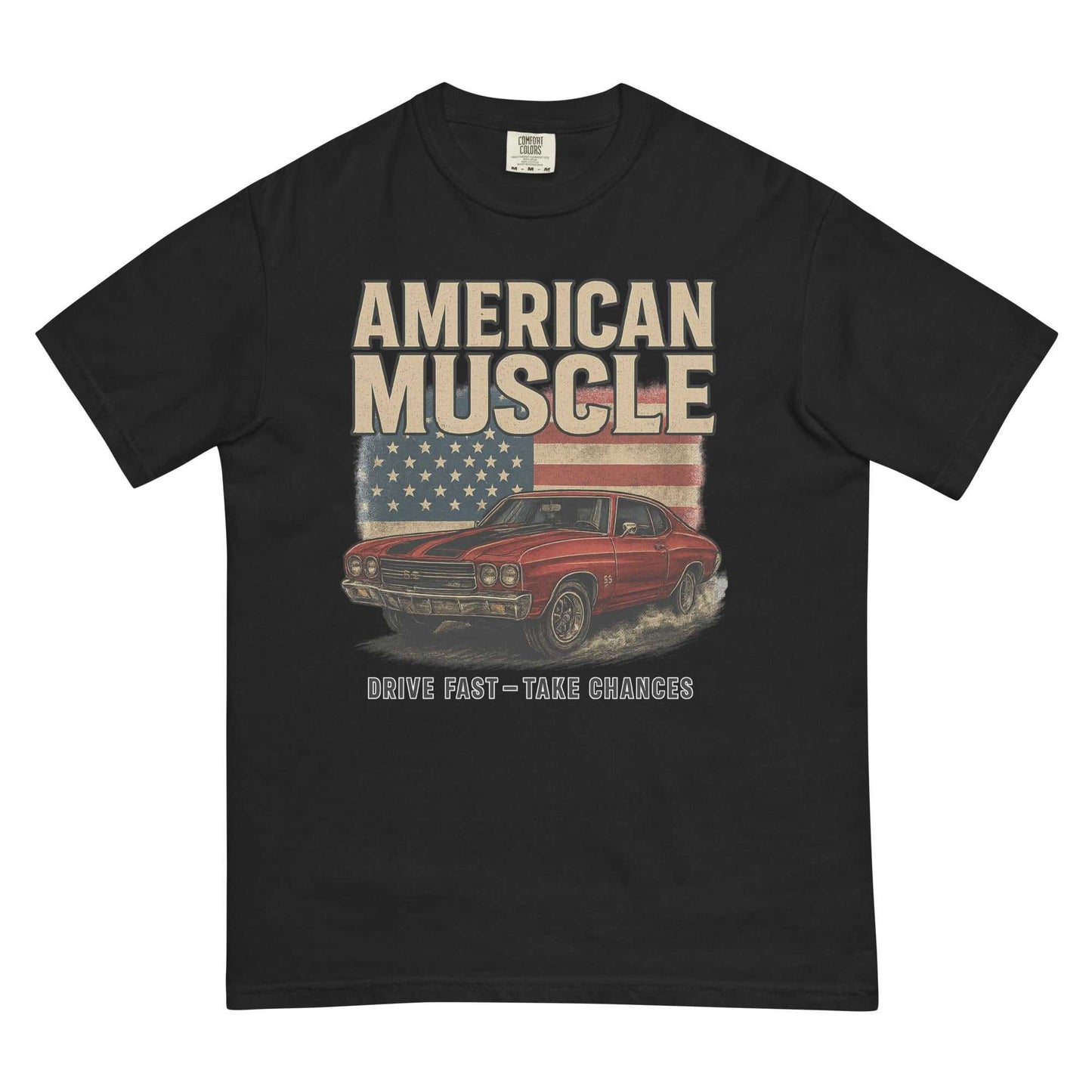 Black Heritage Muscle SS Tee with vintage American flag, classic red muscle car graphic, and "American Muscle" text
