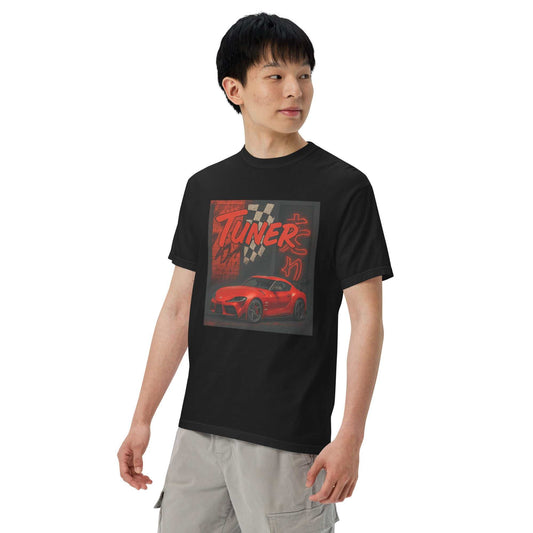 Man wearing black Redline Supra Tuner Tee with red Supra car graphic and tuner text
