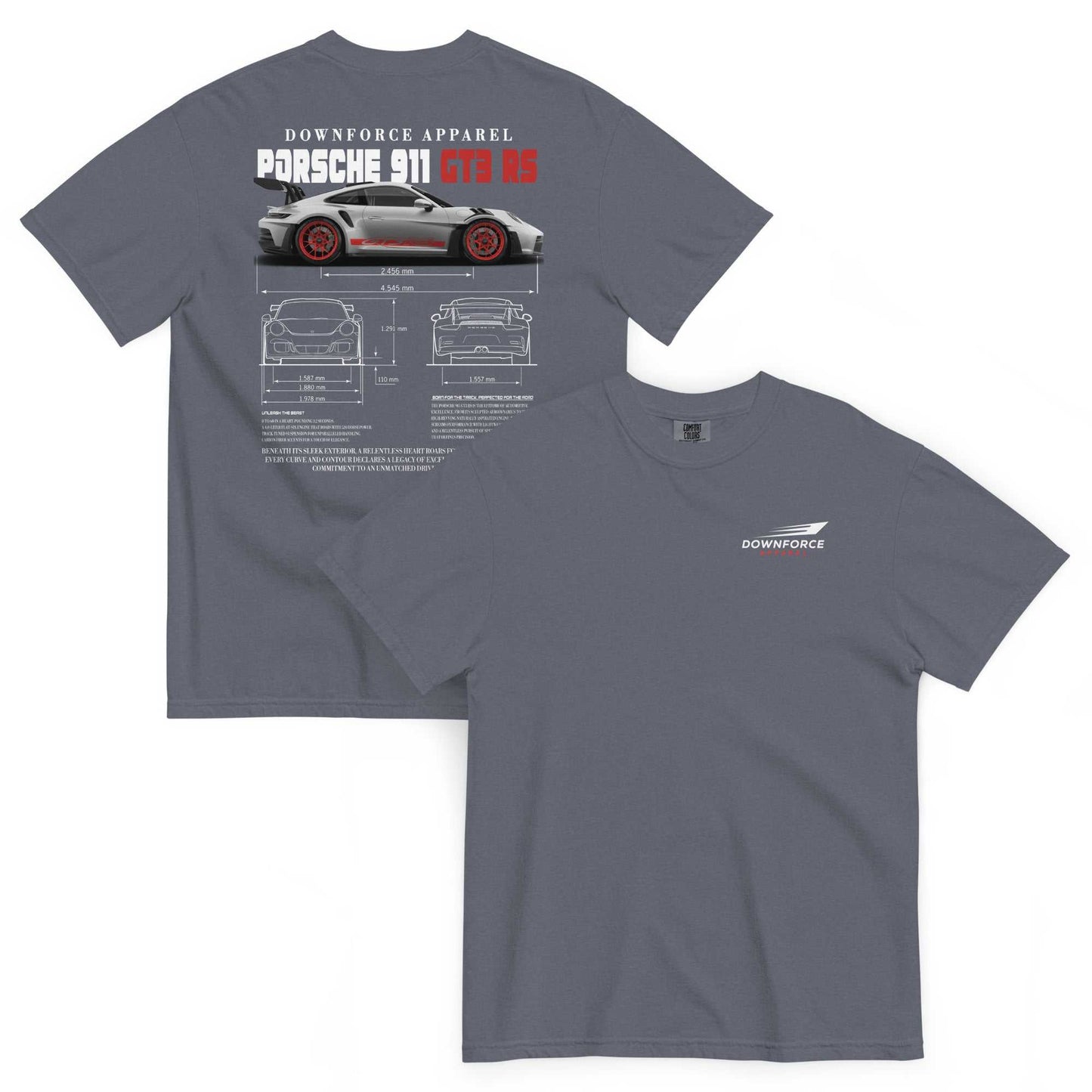 Gray Weissach Warrior GT3 RS tee featuring Porsche 911 GT3 RS car blueprint and specs on back and Downforce Apparel logo on front