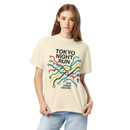 Woman wearing Tokyo Metro Map heavyweight tee with colorful subway map graphic and "Tokyo Night Run" text on cream cotton shirt