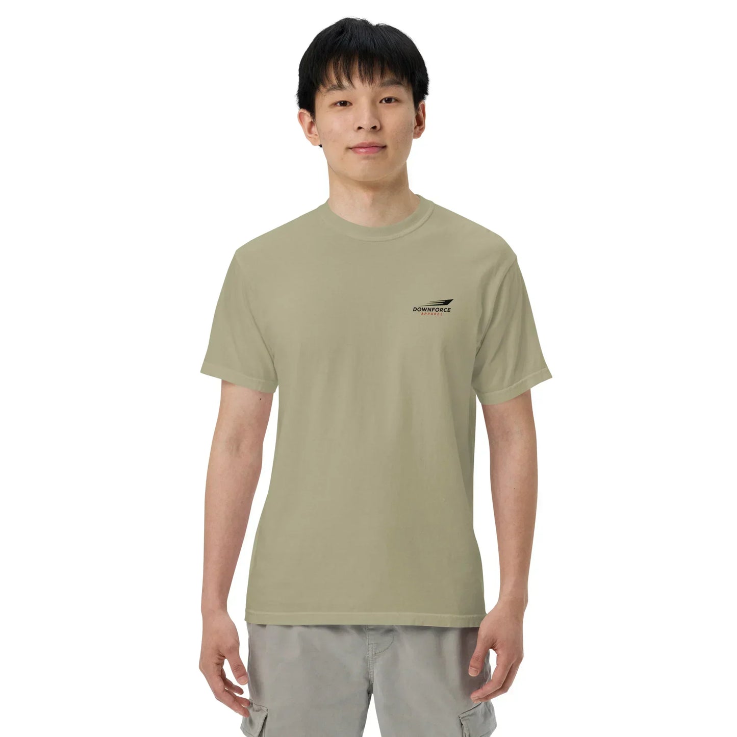 Unisex khaki heavyweight t-shirt with small chest logo, modeled front view