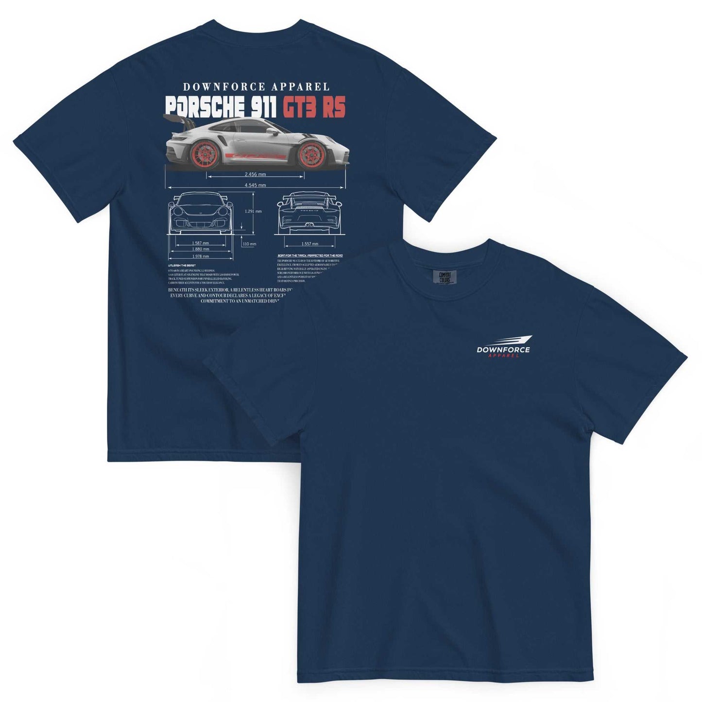 Navy Weissach Warrior GT3 RS tee with Porsche 911 GT3 RS blueprint and specs design on back and Downforce Apparel logo on front
