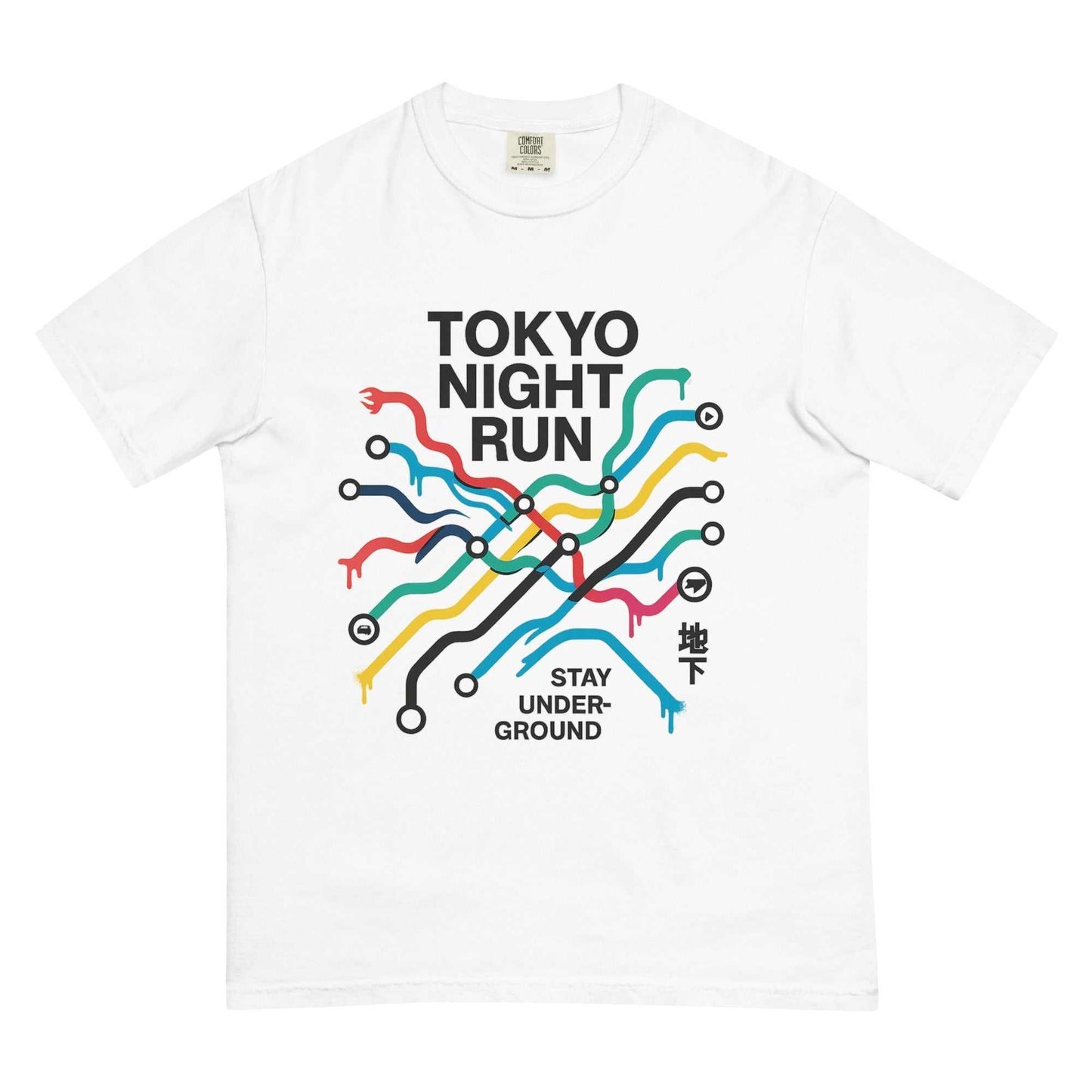 White heavyweight tee with colorful Tokyo metro map graphic and text "TOKYO NIGHT RUN" and "STAY UNDERGROUND"