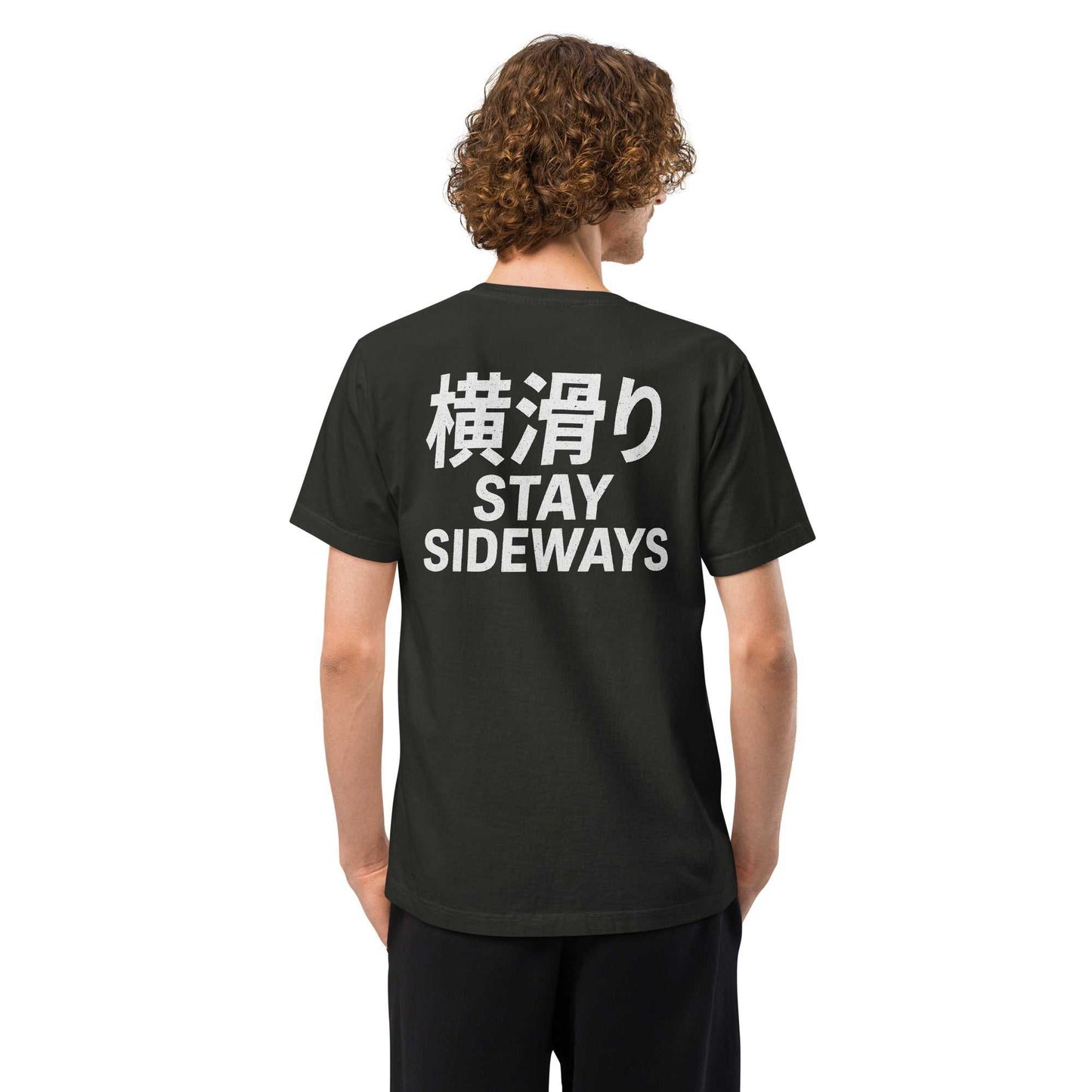 Black Stay Sideways oversize tee with white Japanese kanji and "STAY SIDEWAYS" text on the back, inspired by drift culture streetwear.