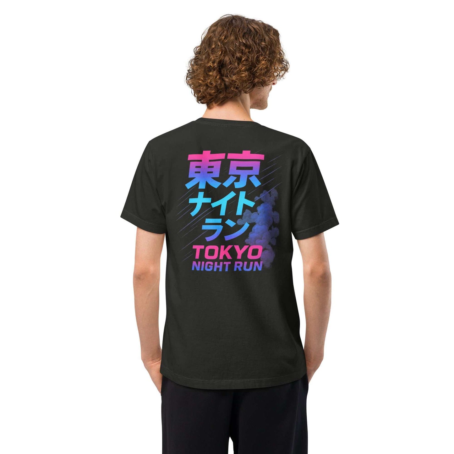 Black oversized tee with vibrant pink and blue "Tokyo Night Run" text and Japanese characters on the back, inspired by Tokyo underground racing culture.