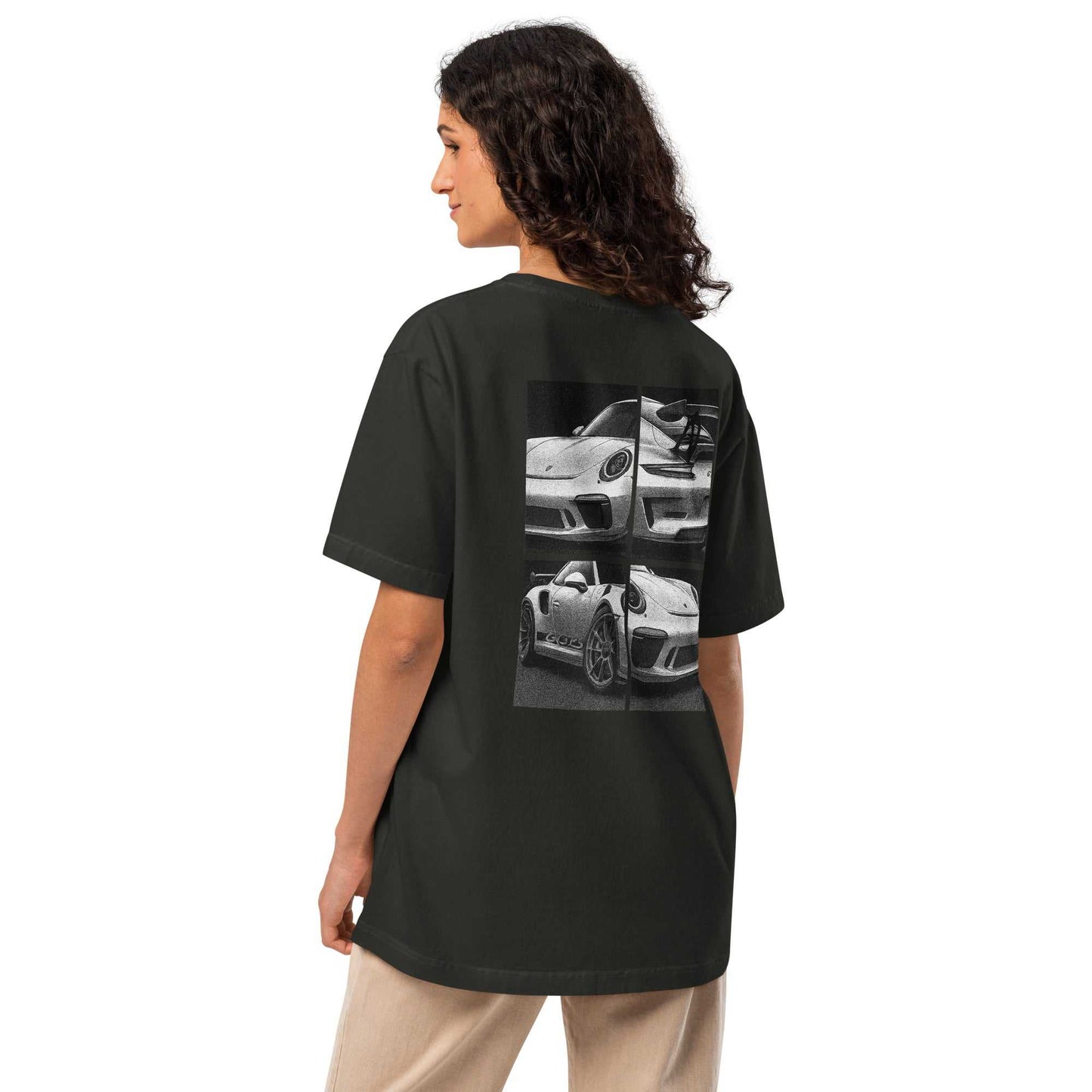 Woman wearing Legend GT3 oversized tee with fragmented halftone Porsche GT3 RS design on back
