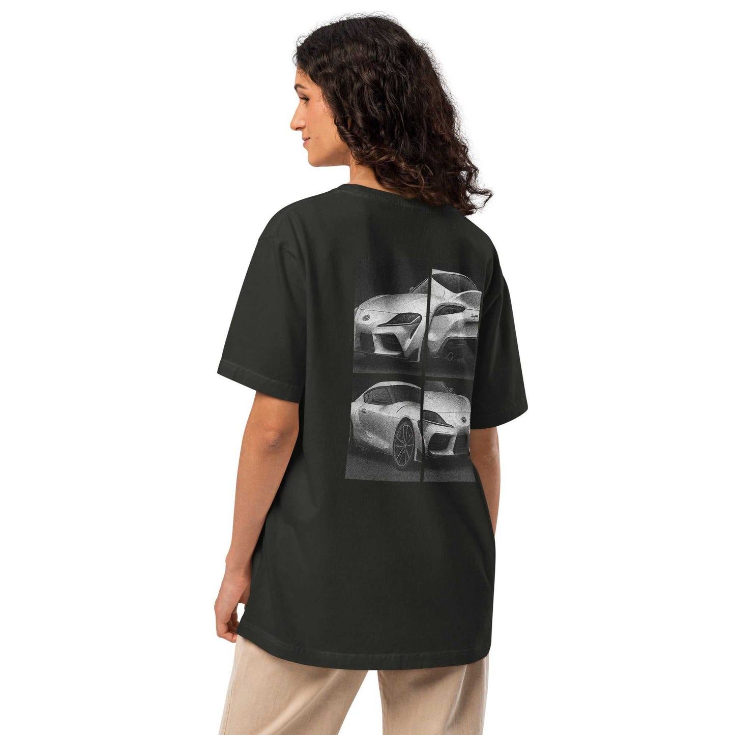 Black oversized tee with fragmented black-and-white Toyota Supra car design on back, vintage streetwear style
