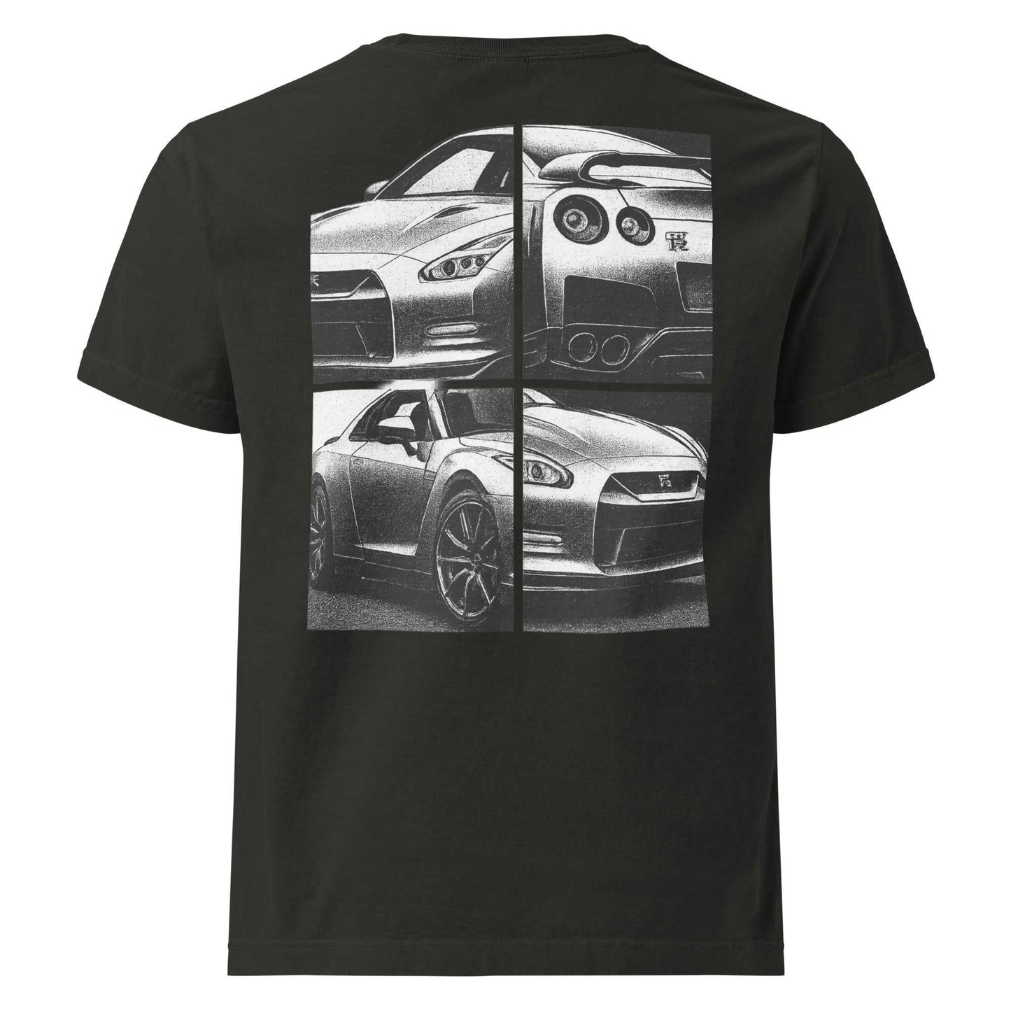 Black Legend GT-R oversized tee featuring fragmented halftone artwork of Nissan GT-R in monochrome panels for JDM streetwear enthusiasts