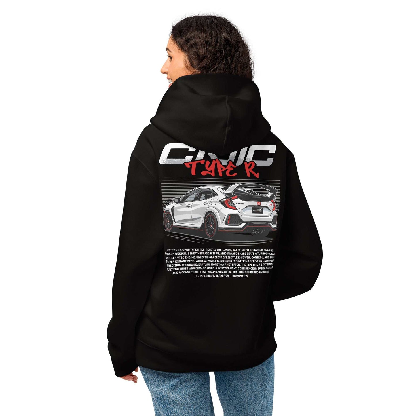 Woman wearing black Civic Type R FK8 Hoodie with detailed white car graphic on back