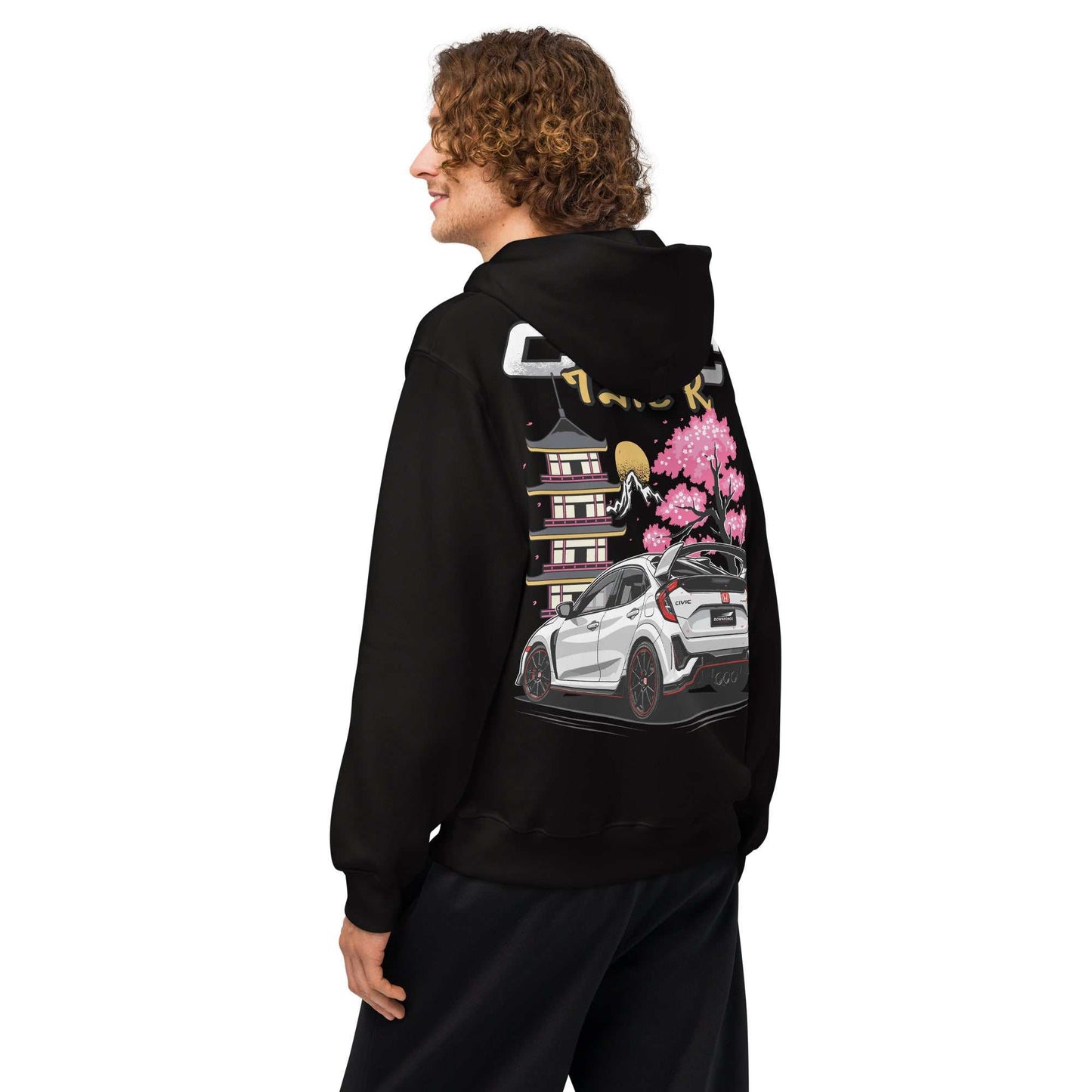 Black oversized hoodie featuring Civic Type R rear-view illustration with Japanese pagoda and cherry blossoms, breathable cotton-polyester fleece blend.