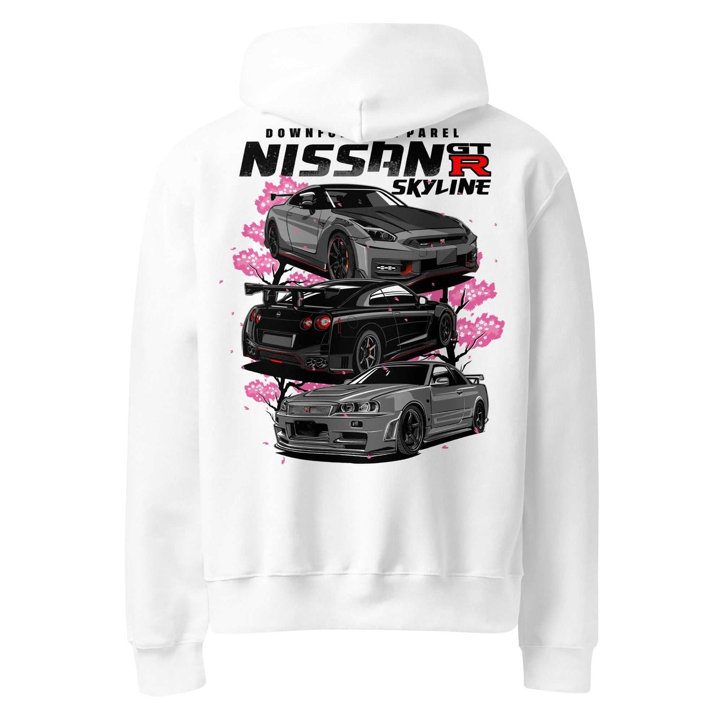 White Skyline Legends Sakura GT-R Hoodie with detailed GT-R car graphic and cherry blossoms on the back