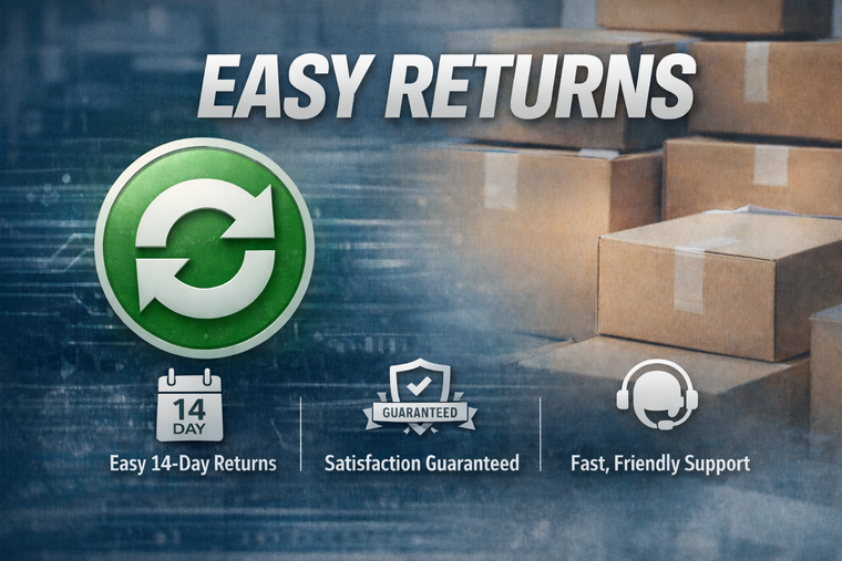 Promotional graphic for easy returns with boxes and icons on a blue background