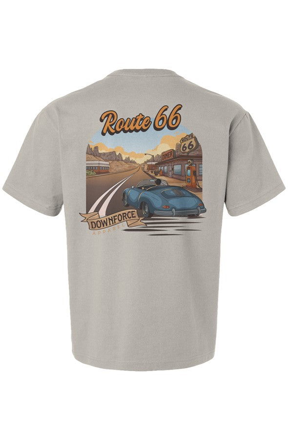 Grey t-shirt back featuring Route 66 graphic with blue classic convertible, desert diner, and sunset landscape.