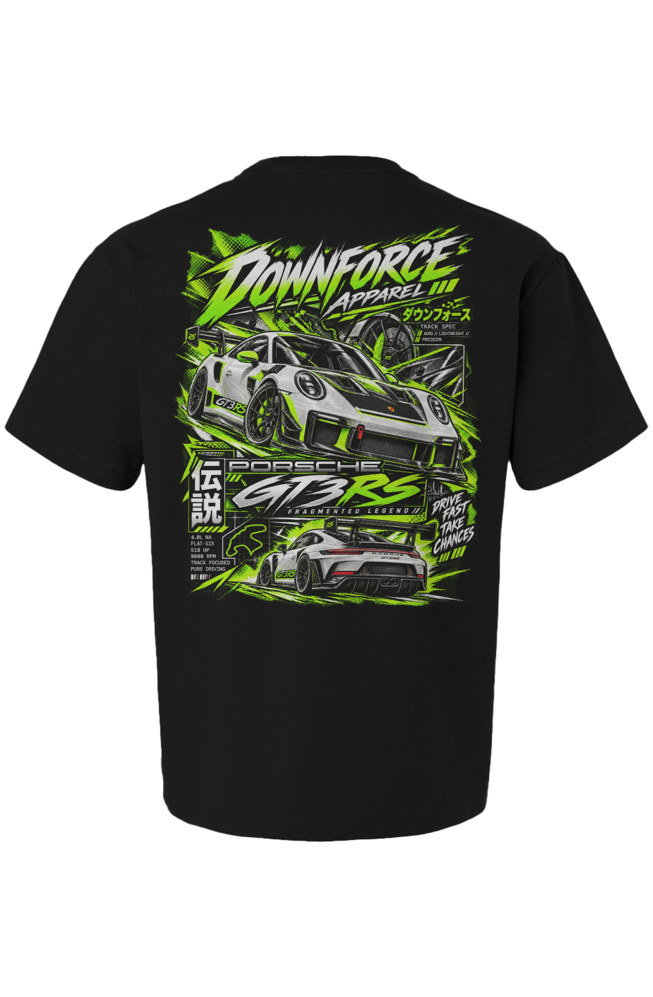 Black Downforce Acid Apex GT3 RS Tee featuring a fragmented neon green Porsche GT3 RS graphic and track tech specs.
