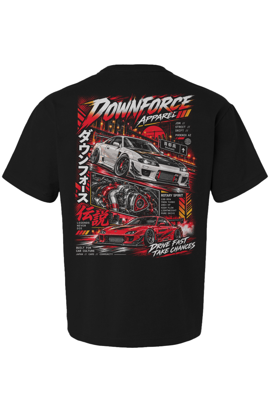 Black JDM tee featuring Downforce Apparel graphic with silver and red tuning cars, rotary engine art, and Japanese text for car culture.