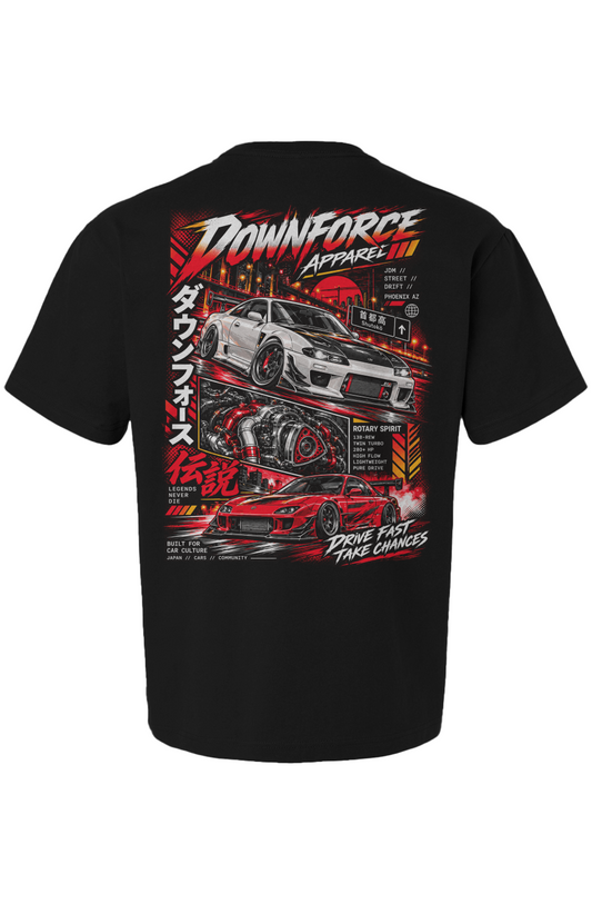 Black JDM tee featuring Downforce Apparel graphic with silver and red tuning cars, rotary engine art, and Japanese text for car culture.