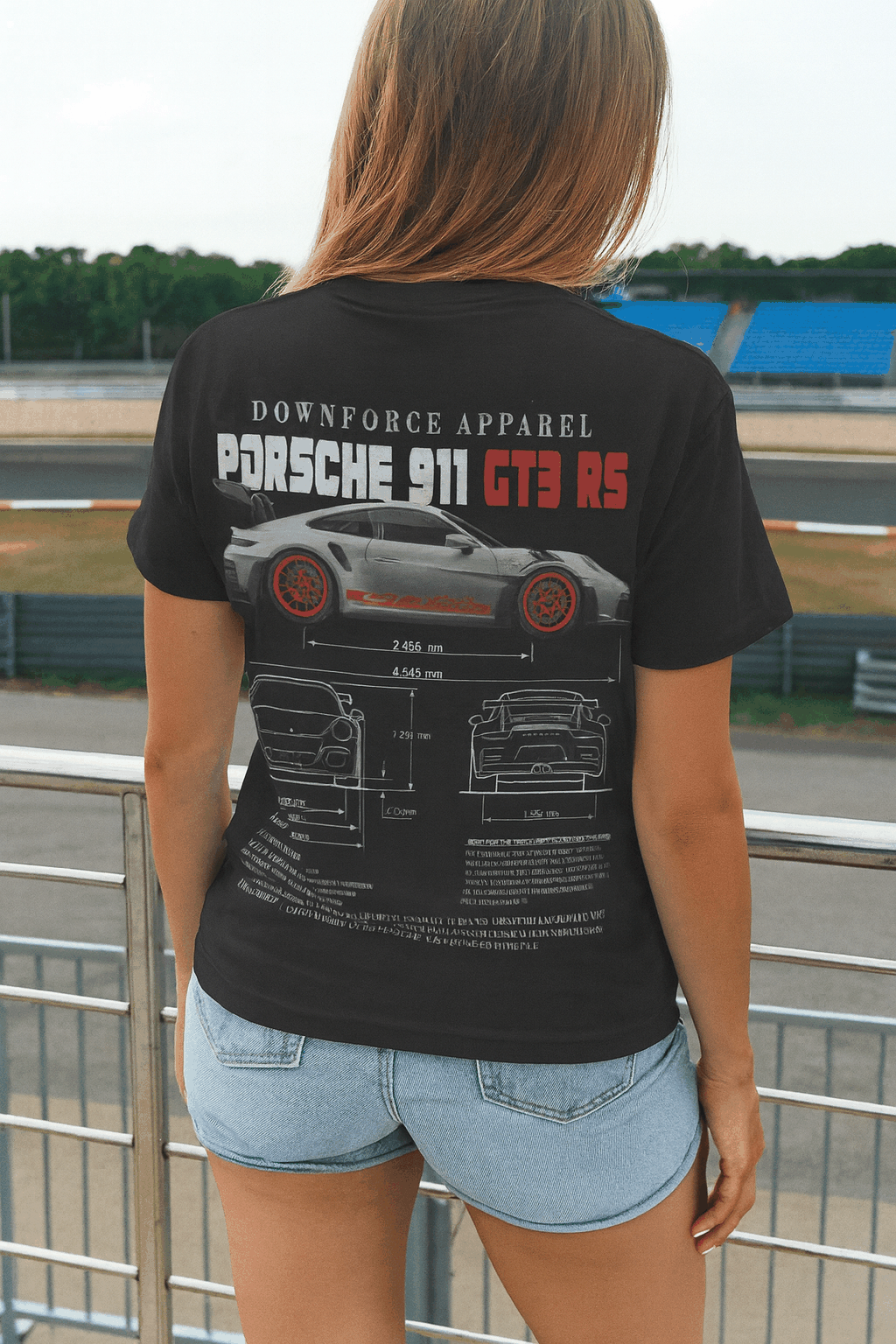 Back view of woman wearing black Weissach Warrior GT3 RS tee with Porsche 911 GT3 RS blueprint and specs design