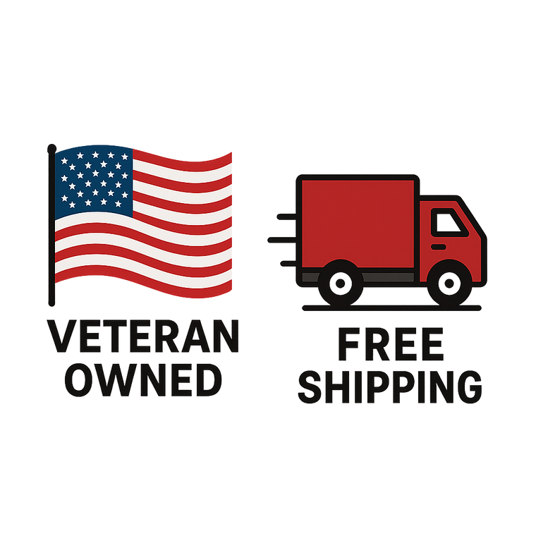 American flag and delivery truck icon with 'Veteran Owned' and 'Free Shipping' text on a white background