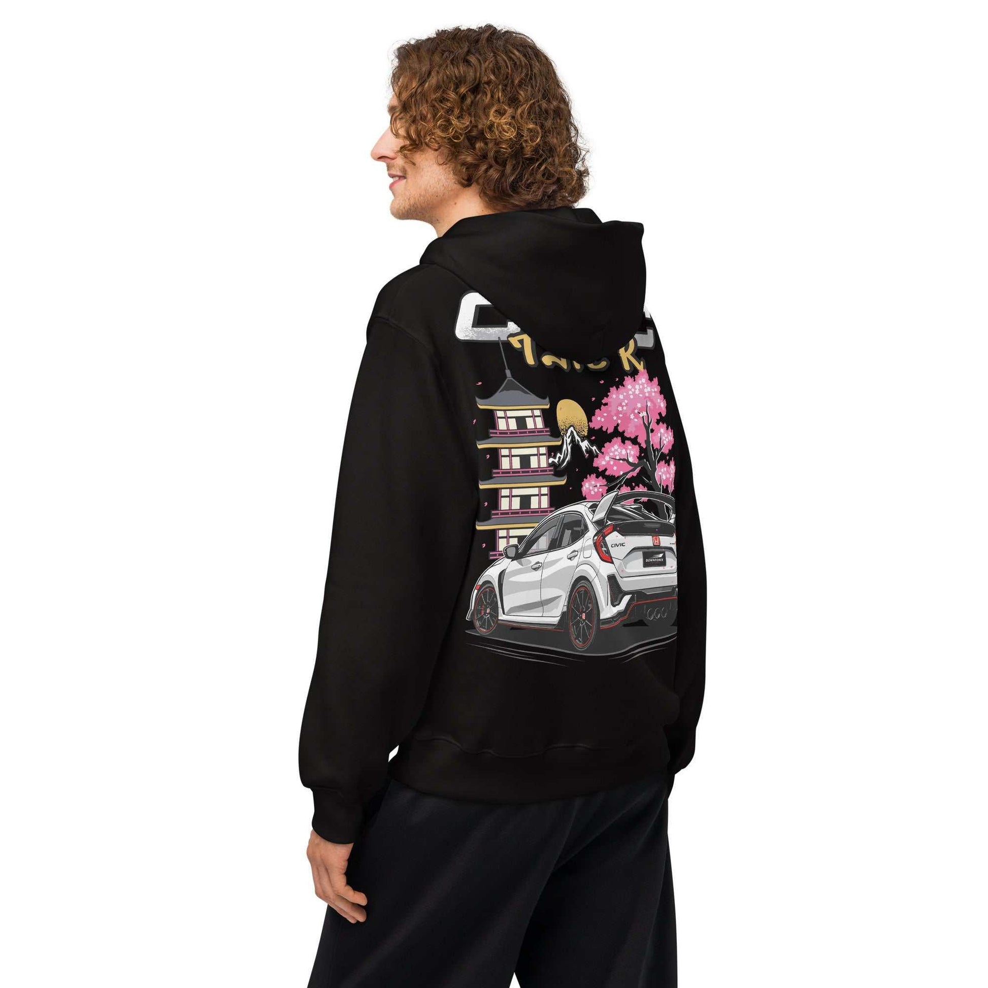 Black oversized hoodie featuring Civic Type R rear-view illustration with Japanese pagoda and cherry blossoms, breathable cotton-polyester fleece blend.