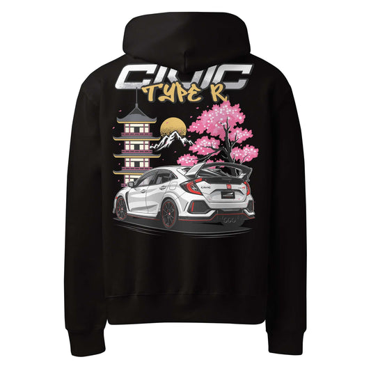Black hoodie featuring Civic Type R graphic with Japanese pagoda and cherry blossoms, oversized fit, and cozy fleece interior