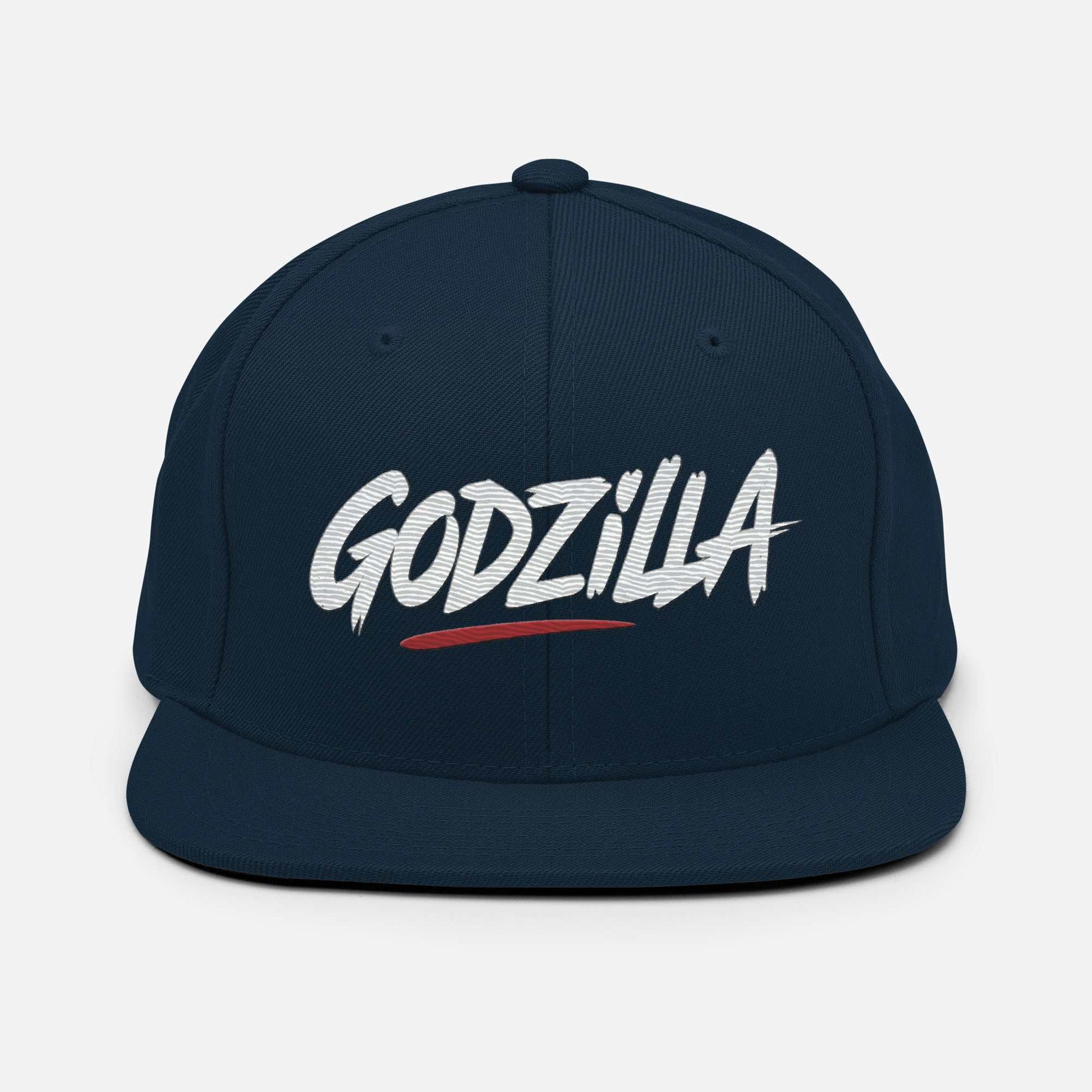 Godzilla Flat Brim Hat with bold embroidered lettering in navy blue streetwear style