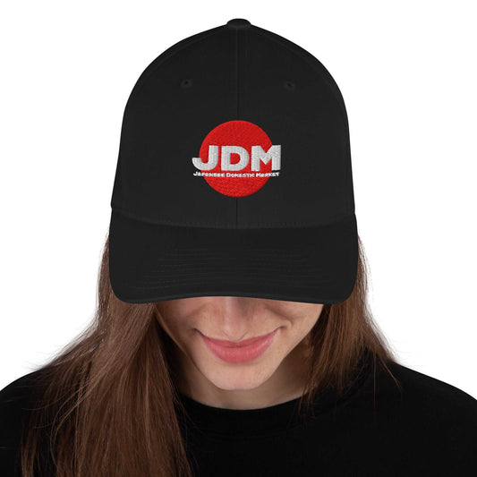 Black Downforce Apparel Flexfit cap with red and white JDM embroidery and silver undervisor